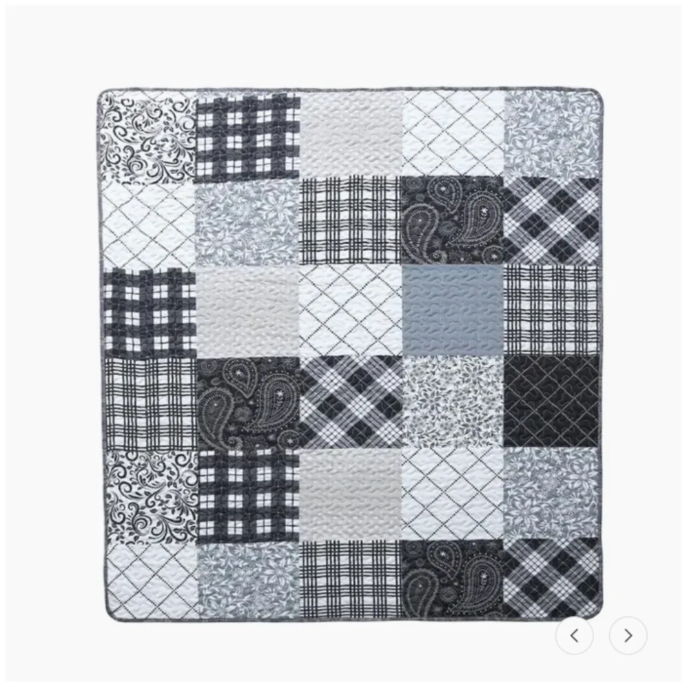 Paisley Patchwork Black Grey Printed Quilted Reversible Throw Blanket Farmhouse